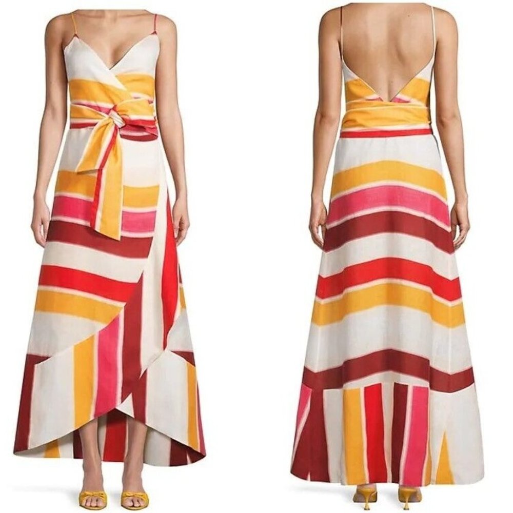 Juan de Dios Sophia 100% Linen Striped Maxi Wrap Dress Sz 4 Multicolor NWOT $520